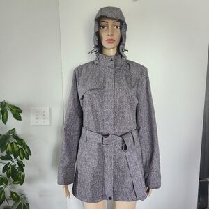 GERRY Womens Flecked Grey Lined Coat Detachable Hood Belt Warm Cozy Fall Outdoor